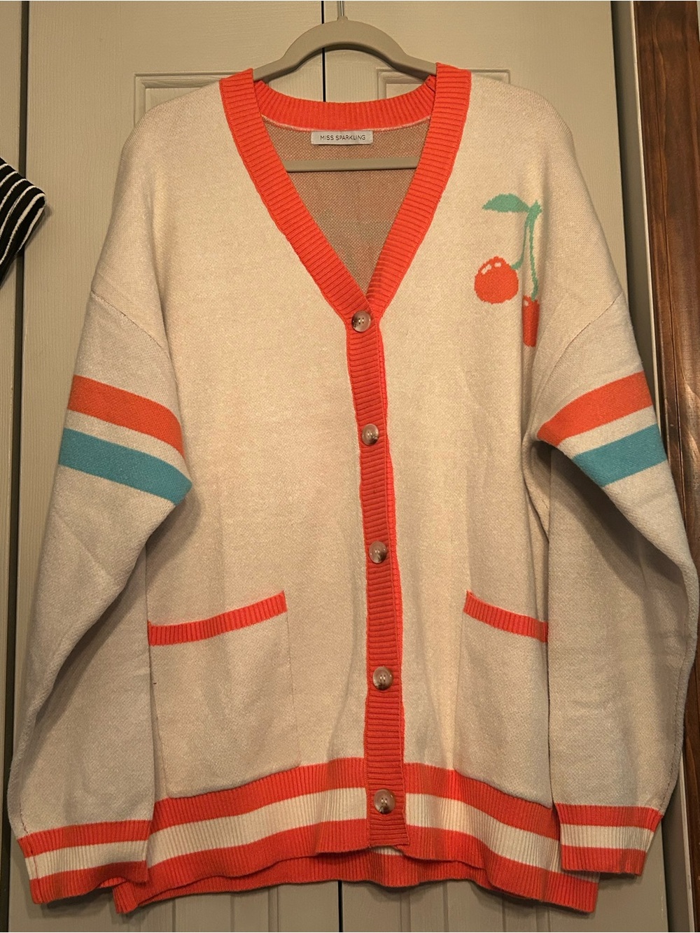 Cream Cardigan with Coral Trim & Cherry Detail NWOT